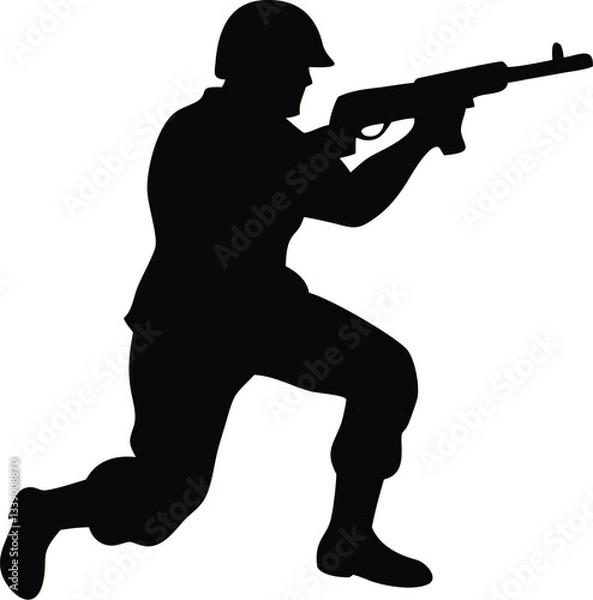 Fototapeta A crouching military army soldier or police swat man or person aiming a gun or handgun or pistol weapon silhouette shadow. War troops icon or symbol - Simple vector illustration