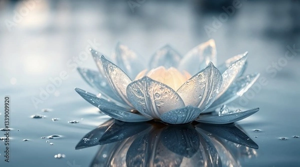 Fototapeta A stunning close-up of a water lily illuminated from within, resting on tranquil water with dew droplets