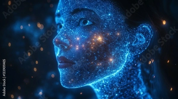 Fototapeta Abstract digital portrait of a woman's face, composed of glowing particles and lines against a dark background.