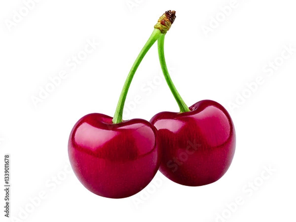 Fototapeta Two ripe, red cherries, glistening with vibrant color, are presented against a clean white background.