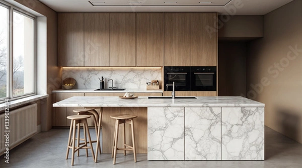 Fototapeta A kitchen with a marble counter top and wooden stools
