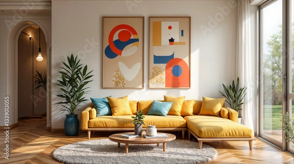 Fototapeta A living room with a yellow couch and two paintings on the wall