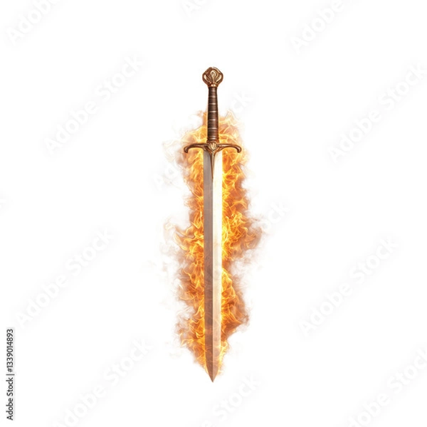 Fototapeta Fiery sword with flames, white isolate background.