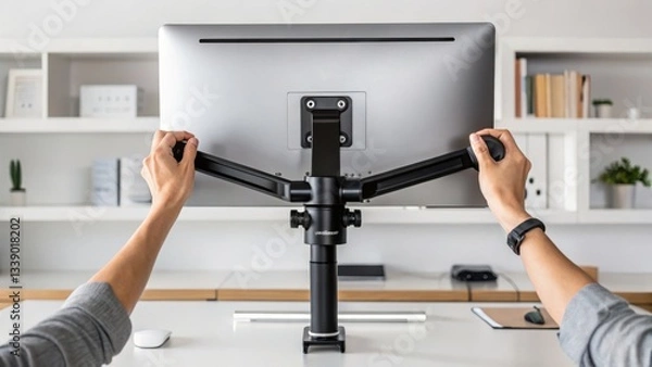 Fototapeta remote work flexibility ergonomics. A person adjusting a computer monitor on a desk mount in a modern workspace.