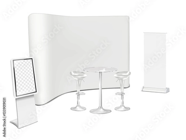 Fototapeta Exhibition set template. Trade show backdrop display, roll-up retractable banner standee, clear glass counter bar table, high swivel chairs, LCD monitor stand. Vector mock-up. Tradeshow booth mockup