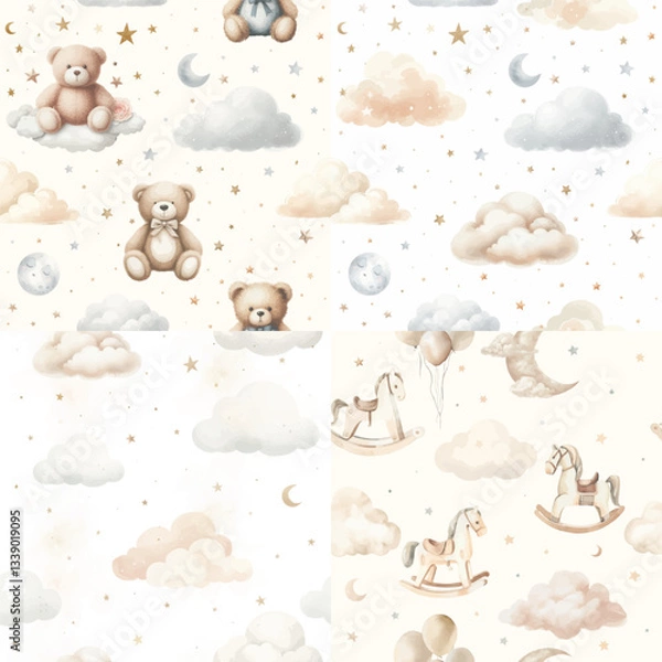 Fototapeta Cute cartoon bear doll background for babies or children. Fluffy soft stuffed toys seamless pattern. Little teddy bears vector illustrations in trendy style. Beige and brown colors.