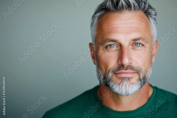 Fototapeta portrait of 45 years old mature handsome man in green T-shirt on light background, closeup