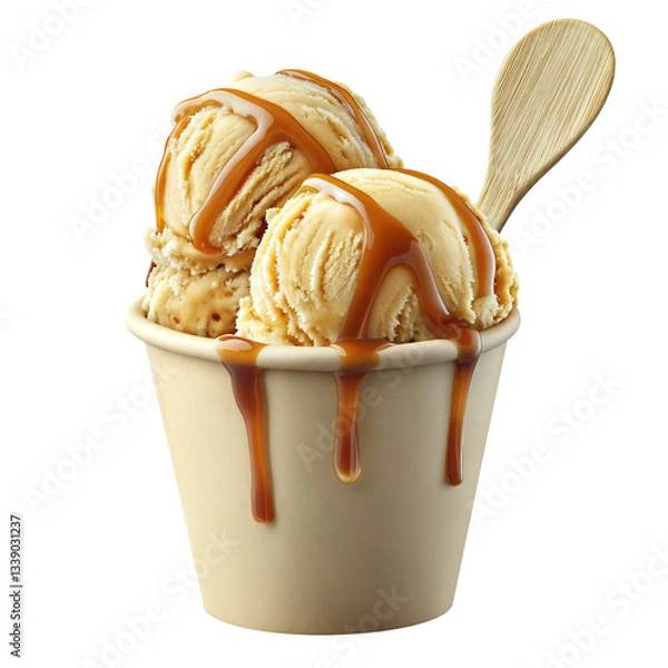 Fototapeta Scoops of vanilla ice cream in paper cup , isolated over transparent background, PNG cut-out