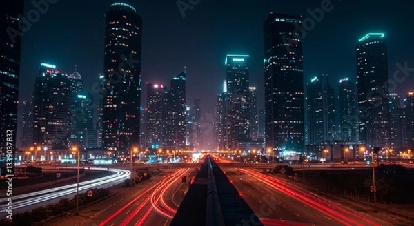 Obraz A city at night with many tall buildings and a busy highway