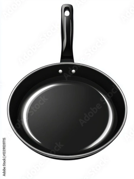 Obraz Black Non-Stick Frying Pan with Handle on White Background for Kitchenware and Cooking Use