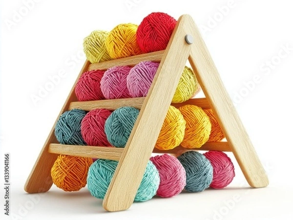 Obraz Colorful yarn balls arranged on a wooden display rack for crafting and DIY projects in a bright and creative setting