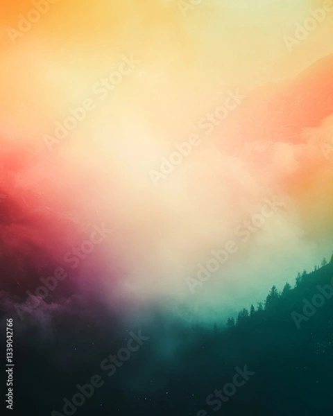 Fototapeta Dreamlike landscape, warm sunset colors, hazy mountains, dark silhouettes of trees, soft light, serene atmosphere, misty effect, tranquil scene