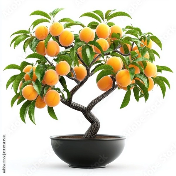 Obraz Beautiful Peach Tree in Pot with Bright Orange Fruits and Lush Green Leaves for Home and Garden Decor