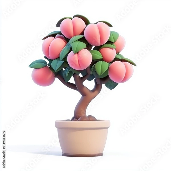 Obraz Delightful Cartoon Peach Tree with Lush Green Leaves and Pink Peaches in a Simple Pot