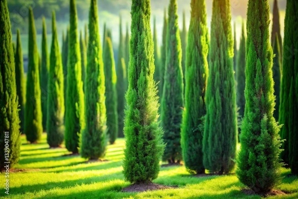 Fototapeta Elegant Slender Green Cypress Trees - Landscaping & Nature Designs - High-Resolution Stock Photo