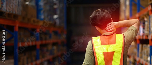 Fototapeta Work accidents accidents concept. Warehouse worker accidentally has Neck ache from working in warehouse.