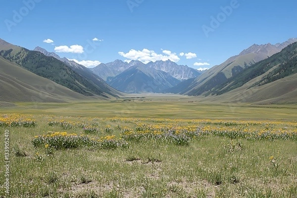 Fototapeta Vibrant field of colorful wildflowers spreading across the landscape under a bright blue sky