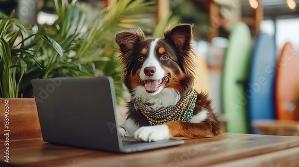 Fototapeta Digital nomad lifestyle with a rich dog by the beach, luxury beachside workspace featuring a rich digital nomad dog. A dog working on a laptop in a cafe.