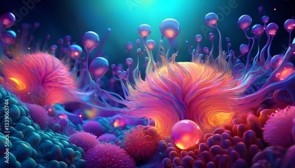 Obraz Surreal Bioluminescent Coral Reef with Floating Bubbles