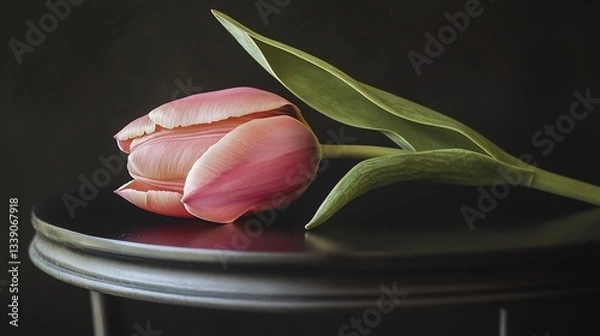 Fototapeta Elegant pink tulip blossom with a green leaf resting on a dark surface, highlighting its delicate beauty