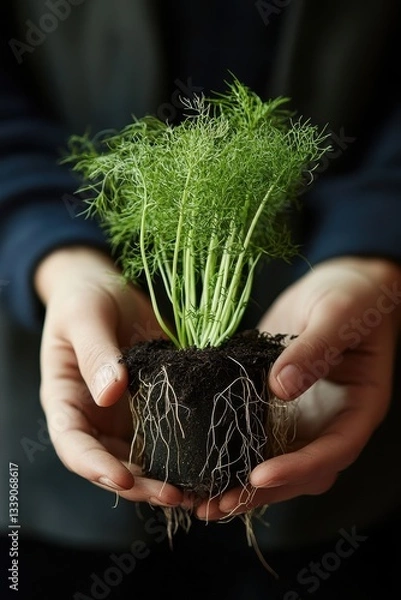 Obraz Tender Fennel Sprout in Hands - A New Beginning