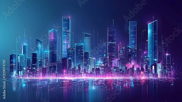 Fototapeta High tech Futuristic Metropolis with Glowing Holograms and Ultra Modern Architecture at Night