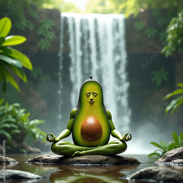 Obraz A relaxed avocado mascot sitting in a meditation position