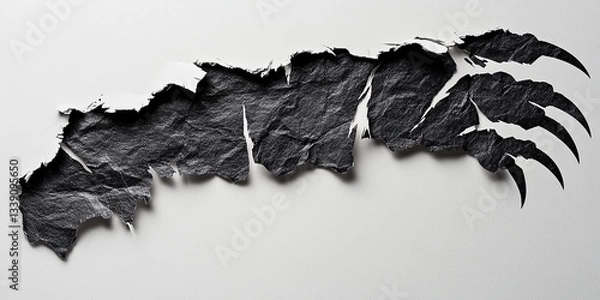 Fototapeta Black torn paper with a white background, bear claw marks on the edges of the ripped papers.