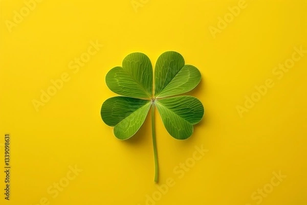 Fototapeta A green four-leaf clover on a yellow background, top down view.