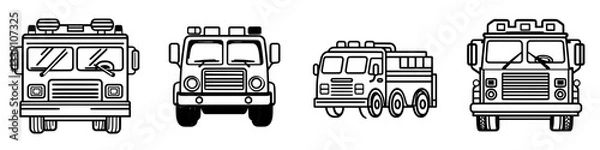 Fototapeta Different styles of fire trucks displayed with simple line art designs showcasing their features and forms