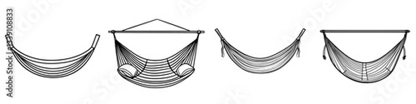 Fototapeta Different styles of hammocks displayed in a row for relaxation and comfort in outdoor settings