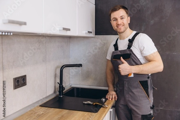 Fototapeta Plumber giving thumbs up after fixing kitchen faucet
