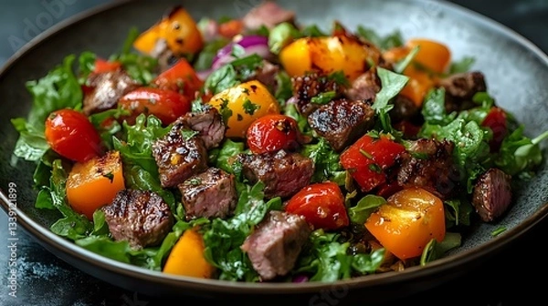Fototapeta Fresh grilled beef chunks with colorful cherry tomatoes, yellow bell peppers and green herbs on dark plate, close up view of warm meat salad.
