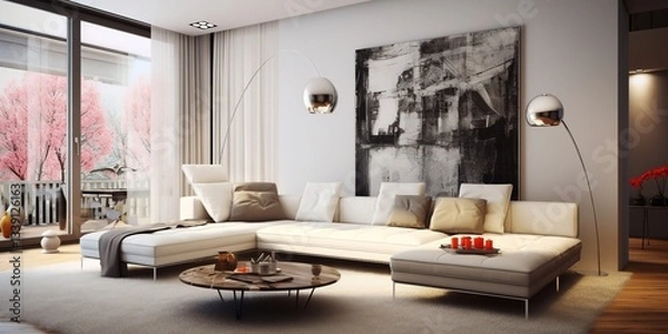 Fototapeta A modern living room with a black and white abstract painting on the wall ., isolated on white background