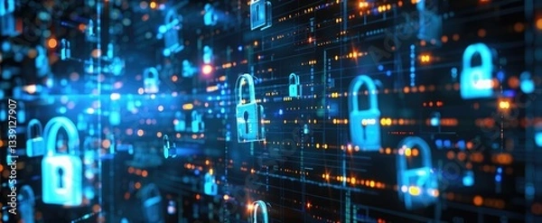 Fototapeta Digital cybersecurity concept with glowing locks and network connections,World Password Day