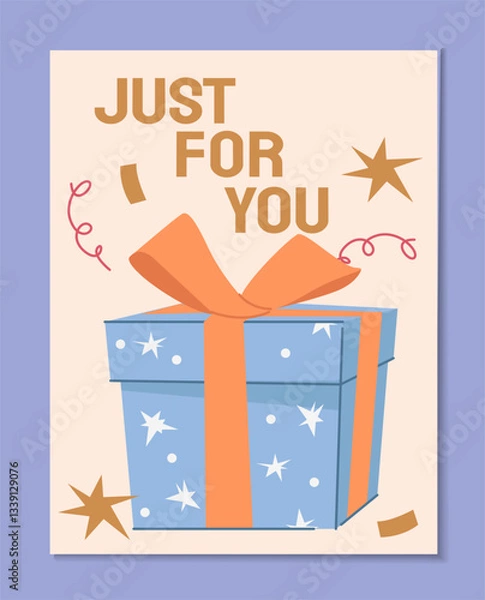 Fototapeta A flat vector illustration of a blue gift box with an orange ribbon, decorated with stars and confetti, with the text Just for You on a beige background. Celebration concept