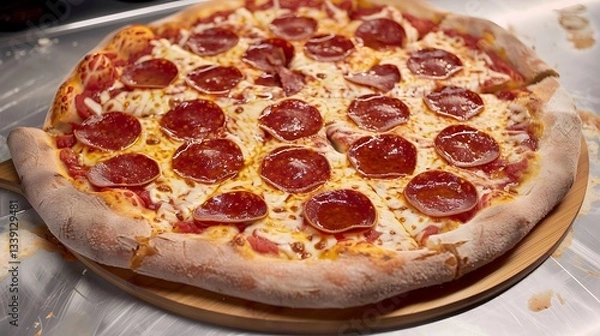 Fototapeta A perfectly cooked pepperoni pizza with melted cheese, crispy crust, and vibrant red pepperonis arranged neatly on a wooden pizza board.