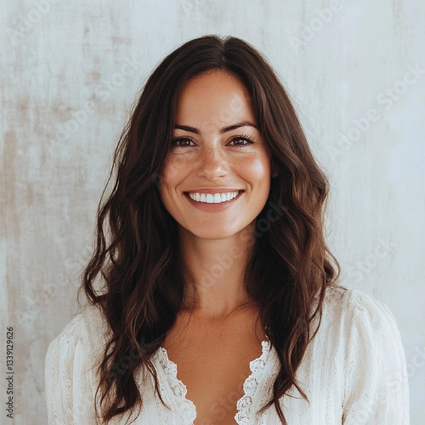 Obraz Portrait of smiling happy woman with white blouse and white background. long Brunette hair