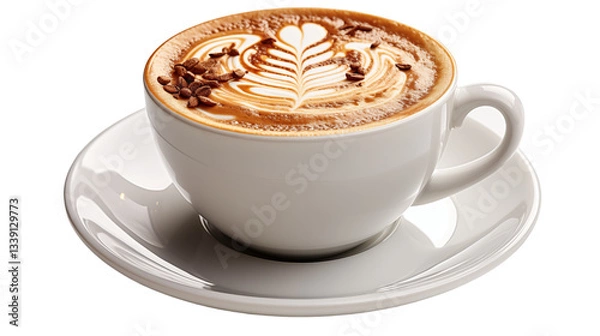 Fototapeta Aromatic Latte Coffee Art in White Cup, Hot Foam and Beans for Cozy Cafe Vibes.