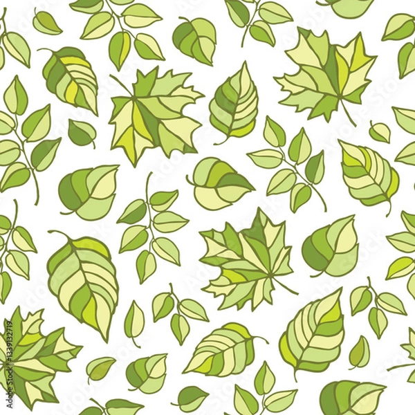 Fototapeta Green spring leaves, seamless background pattern. Stylized vector illustration.