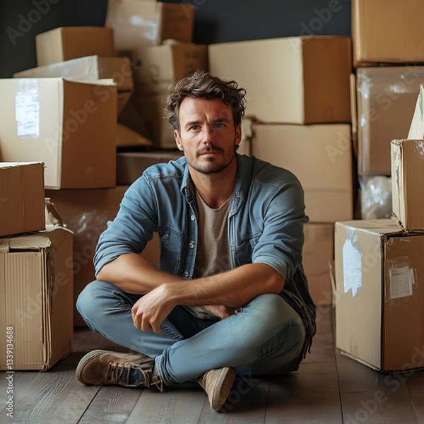 Fototapeta Young man moving into a new home and unpacking boxes