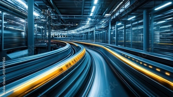 Fototapeta An abstract depiction of a high-speed conveyor belt in a modern factory 