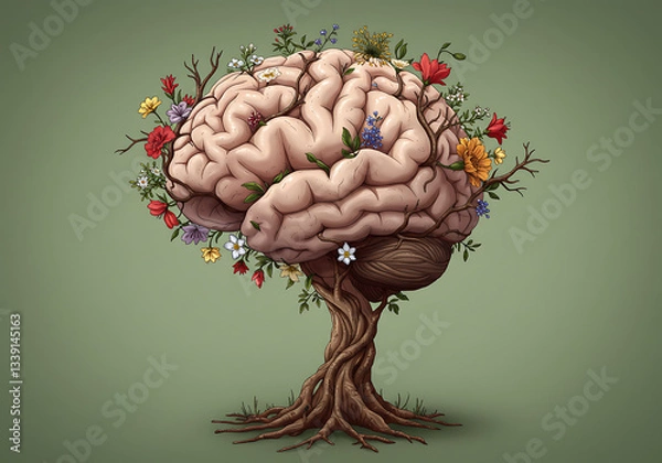 Fototapeta Blooming Mind: A Brain Tree Illustration Representing Mental Growth and Flourishing