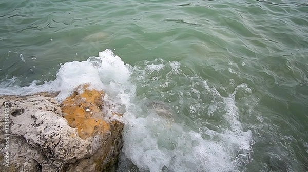 Obraz Gentle Waves Lapping Against Rocks by the Seashore in Natural Ocean Setting with Soft Turquoise Water