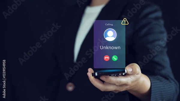 Fototapeta Mobile Security Against Cybercrime. Scam or spam alert calls, person receiving unknown caller notification with a Warning Messages to Prevent Scams