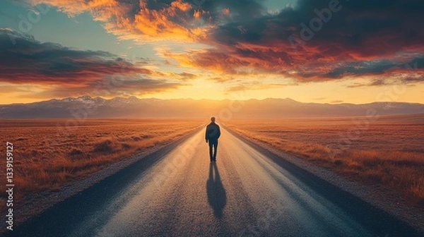 Obraz A lonely road stretching endlessly into the horizon, a figure walking aimlessly 