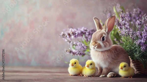 Obraz Cute rabbit and chicks for easter feast, festive easter decoration