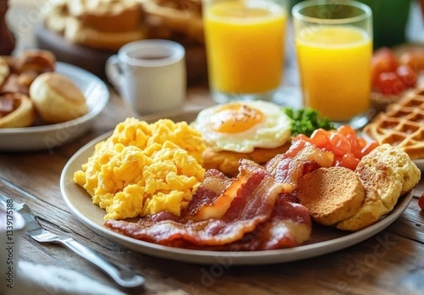 Obraz Delicious Breakfast Spread Featuring Scrambled Eggs, Crispy Bacon, Fresh Fruit, Waffles, and Juicy Orange Juice in a Cozy Dining Setting