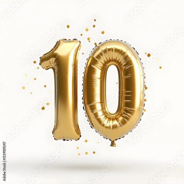 Fototapeta Golden balloons forming number ten floating with falling confetti