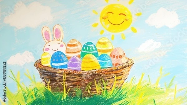 Obraz A cheerful, childlike crayon drawing of a woven basket filled with colorful Easter eggs under a smiling sun, radiating festive joy.